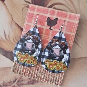 Cow Print Teardrop Earrings with Sunflower Design